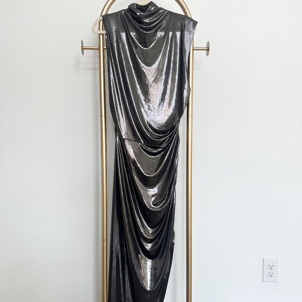 Fitted mock-neck silver dress